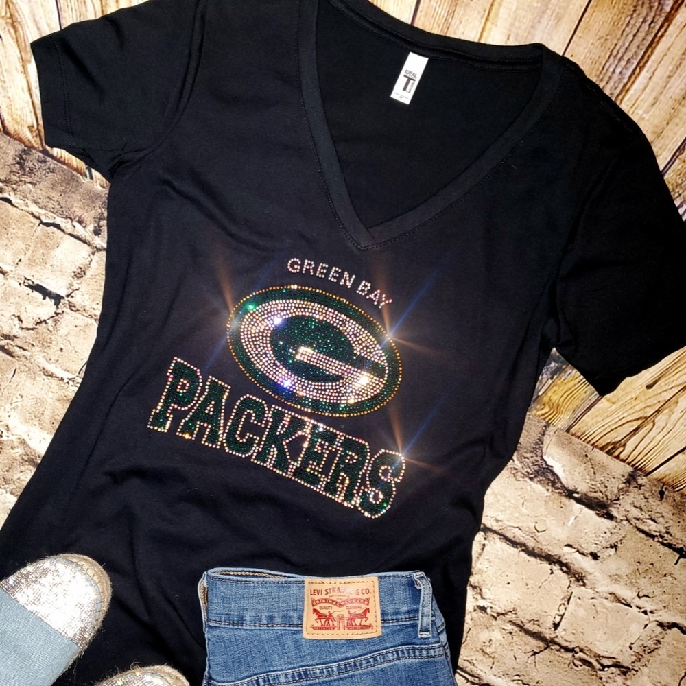 Next Level Apparel Black Green Bay Packers Rhinestone V-Neck Tee